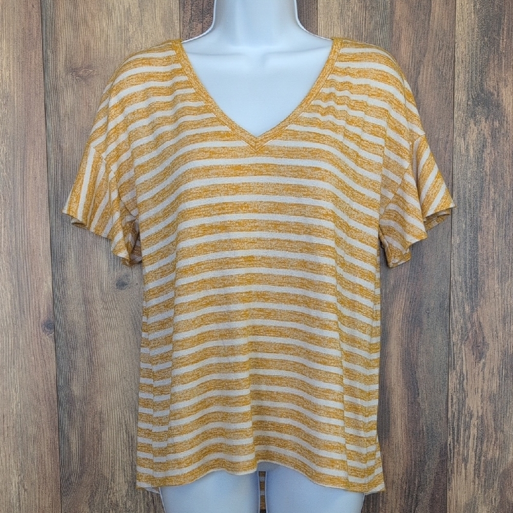 a new day Mustard and White Striped V-Neck Ruffle Short Sleeve Top M D388